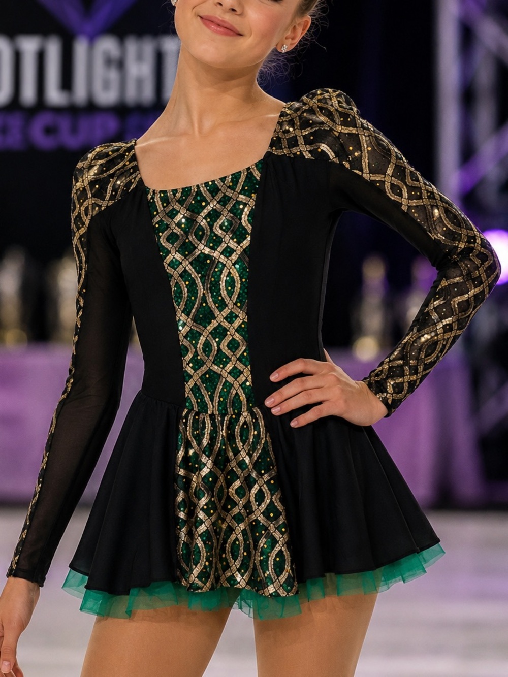 Cicci Adult Medium Black Green Gold Sequin Dance Skating Dress